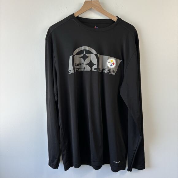 Majestic Mens Shirt Steelers XL Black Long Sleeve Pittsburgh Base Layer Stretch - Picture 1 of 6